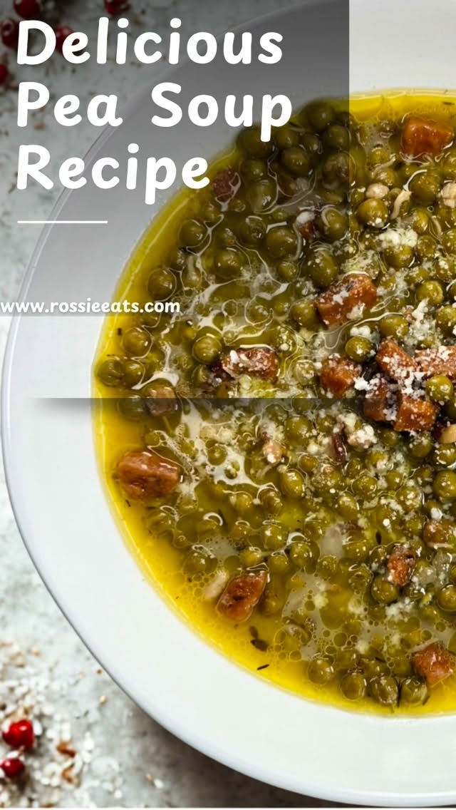 ✨ Cozy Pea Soup (Zuppa di Piselli) ✨

A warm, comforting bowl ready in under 30 minutes. Sweet peas, sautéed onion, pancetta, white wine & a Parmesan rind for extra flavor 💚

Recipe:
Sauté 1 chopped onion + diced pancetta in olive oil until soft.
Add 3 tbsp white wine and let it reduce.
Stir in 2 cups peas, 1 cup veggie broth, black pepper, salt + Parmigiano rind.
Simmer 10–12 min.
Blend fully (creamy) or pulse (chunky).
Garnish with Parmesan Cheese + cracked pepper.

Perfect with crusty bread ✨

#peasoup #zuppadipiselli #souprecipe #comfortfood #italianrecipes #homemadefood #easyrecipes #winterrecipes #onepotmeals