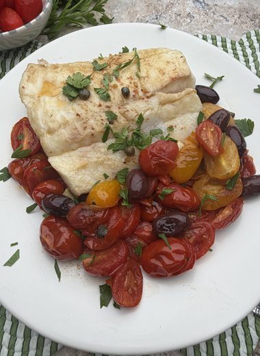 Seared One-Pan Halibut with Cherry Tomatoes, Capers & Kalamata Olives