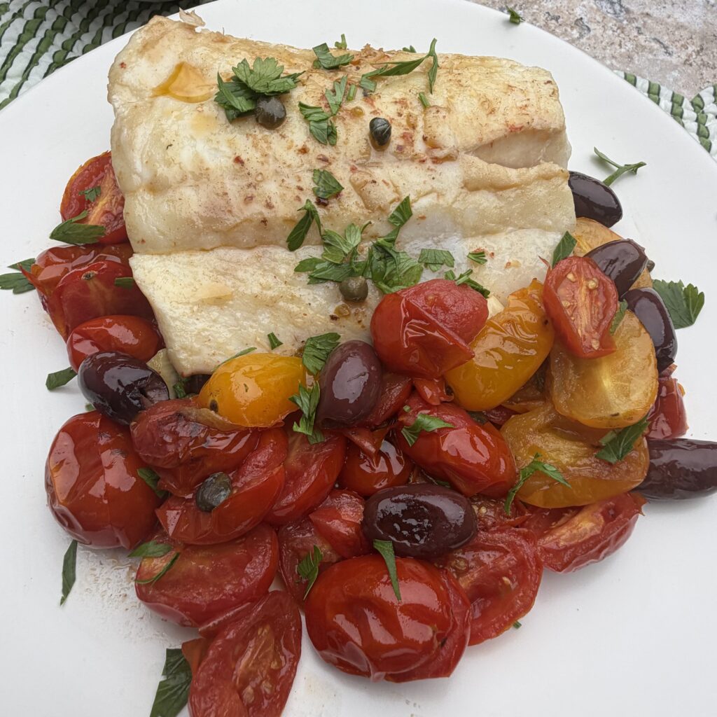 Seared One-Pan Halibut with Cherry Tomatoes, Capers & Kalamata Olives