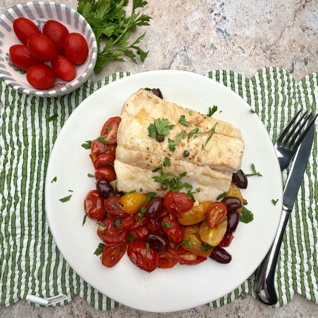 Seared One-Pan Halibut with Cherry Tomatoes, Capers & Kalamata Olives